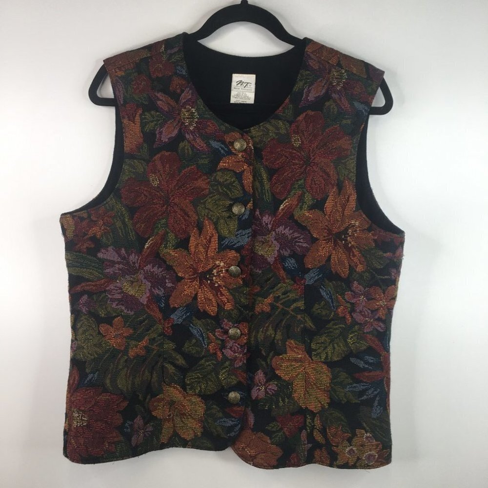Norm Thompson Floral Vest Metal Buttons Size L